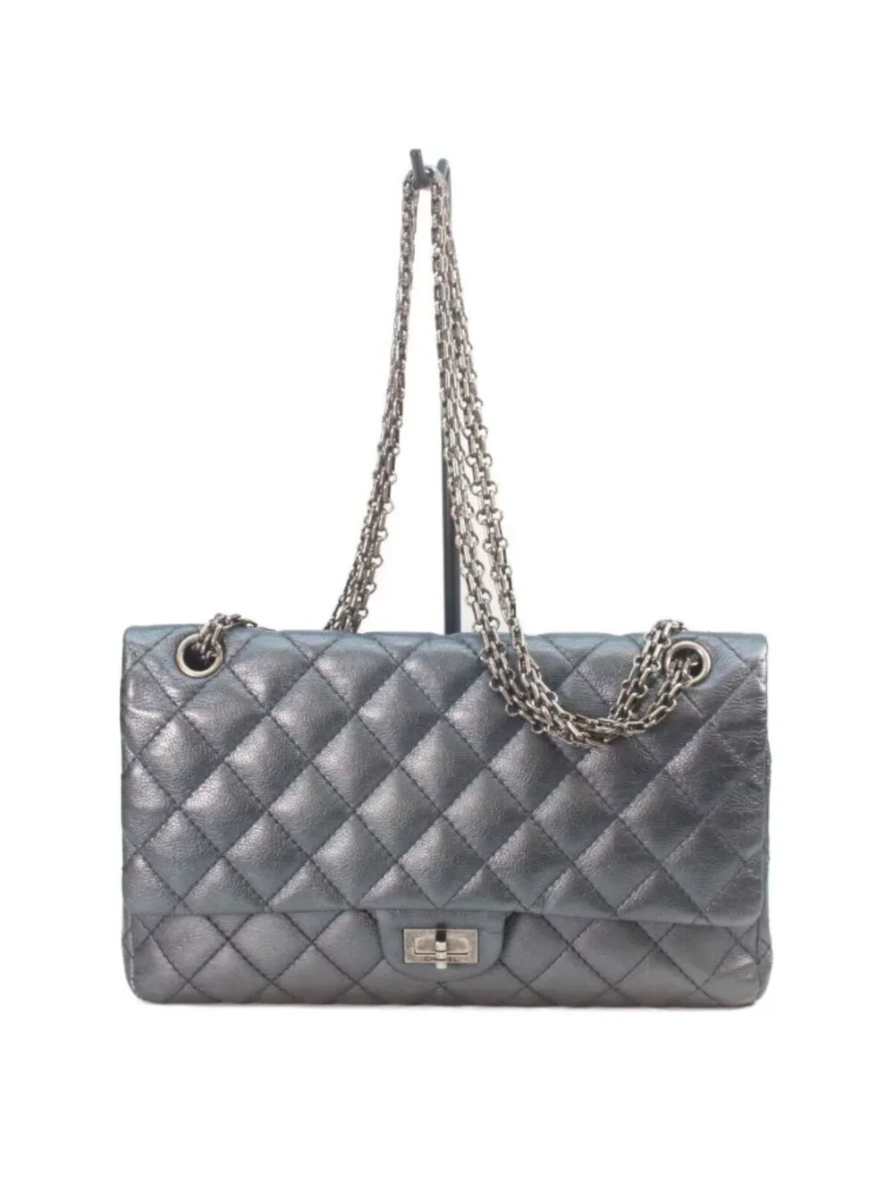 Chanel Metallic Blue Gray Vintage Calf Silver Quilted 2.55 Large Chain Handbag